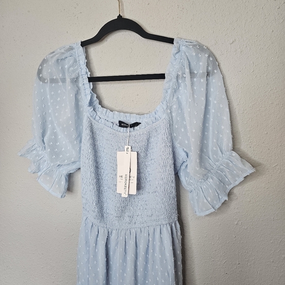 Merokeety Dress Sz‎ L Puff Sleeve Soft Girl Flowy Midi Feminine Pastel Blue NEW - Picture 4 of 15